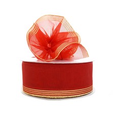 1.5 Inch Red Organza Pull Bow Ribbon With 4 Rows of Gold Stripe Accents, 25 Yards (Lot of 1 Spool) SALE ITEM